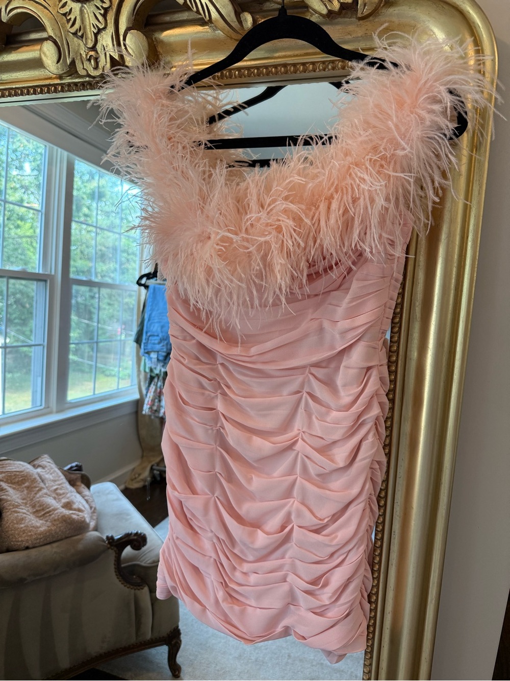 Blush Feather-Trim Ruched Mini Dress